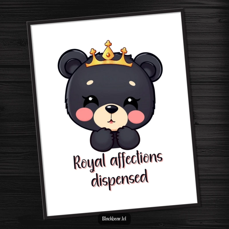 Funny black bear cub digital art print, a cub in a sparkly crown blowing a kiss downwards, for instant sweet and humorous decor.