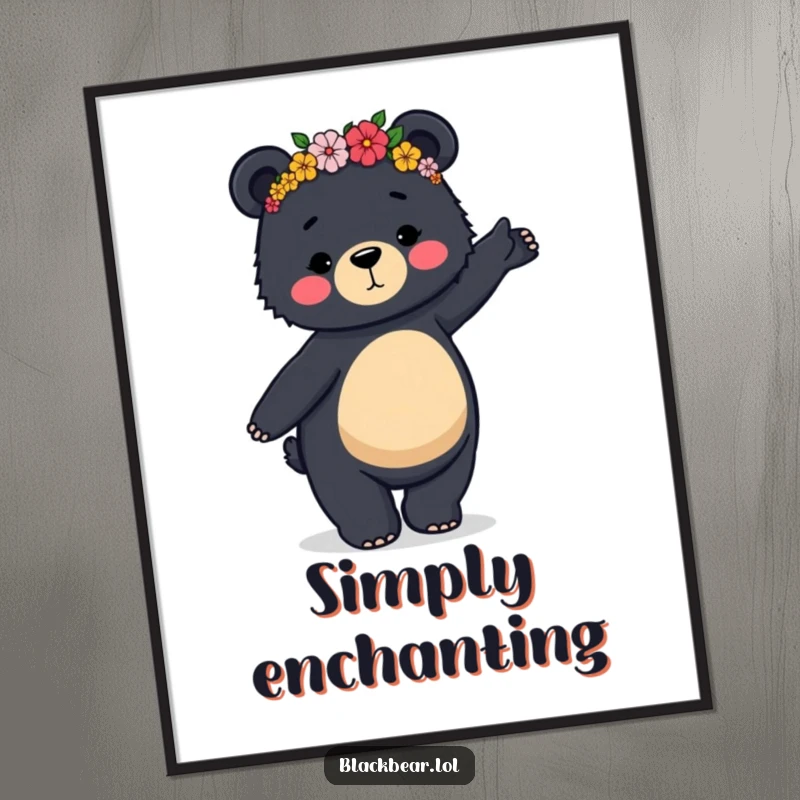 Funny digital art print of a black bear in a flower crown doing a clumsy, graceful dance, ideal for whimsical décor.