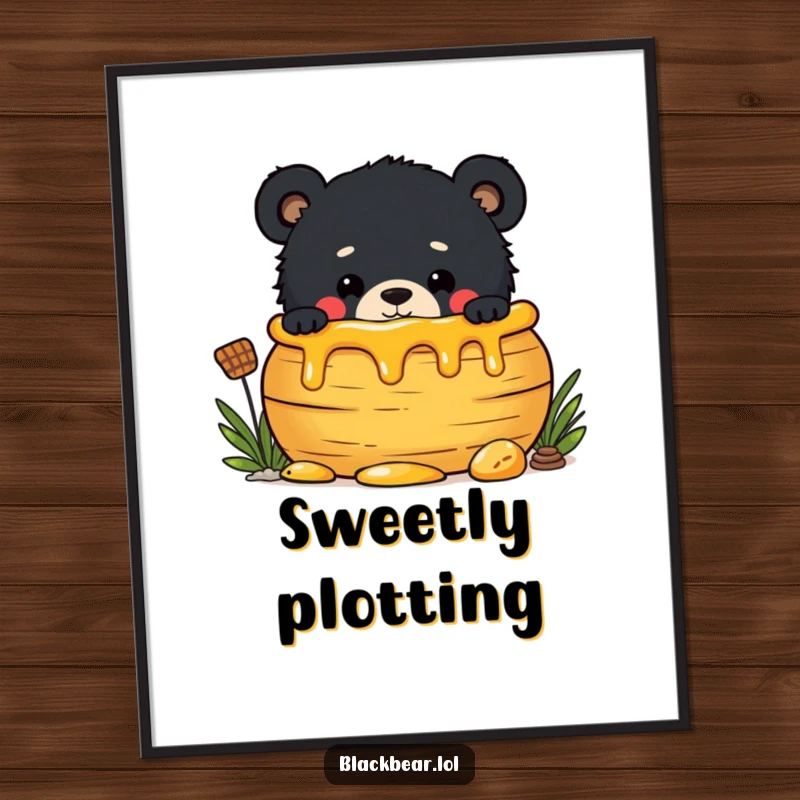 Funny digital art print of a mischievous black bear cub peeking out from behind a large honey pot, looking for a sweet treat.