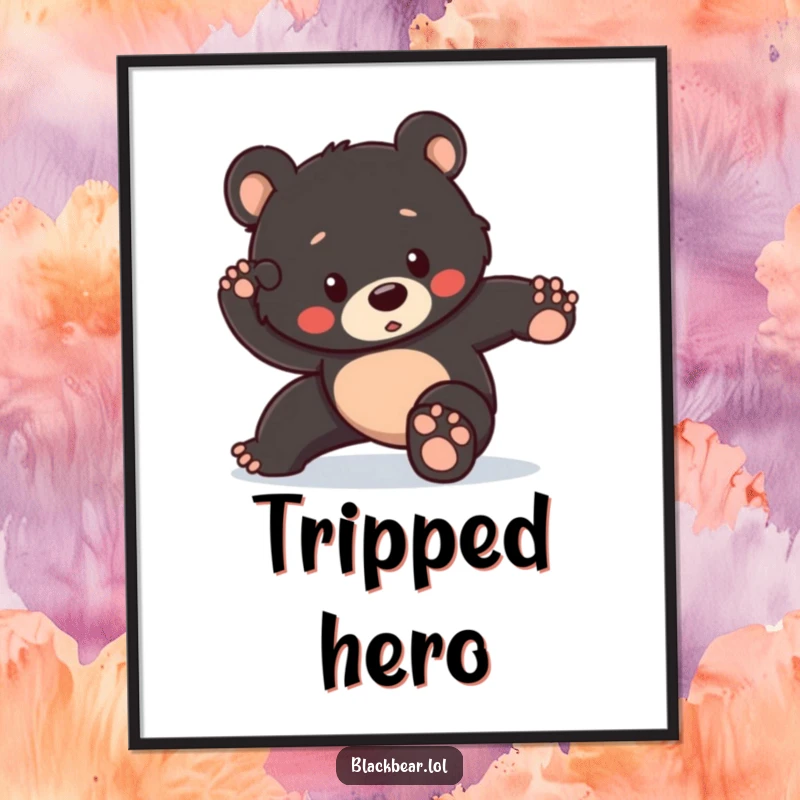 Funny digital art print of a black bear cub striking a heroic pose but tripping slightly, capturing a moment of endearing clumsiness.