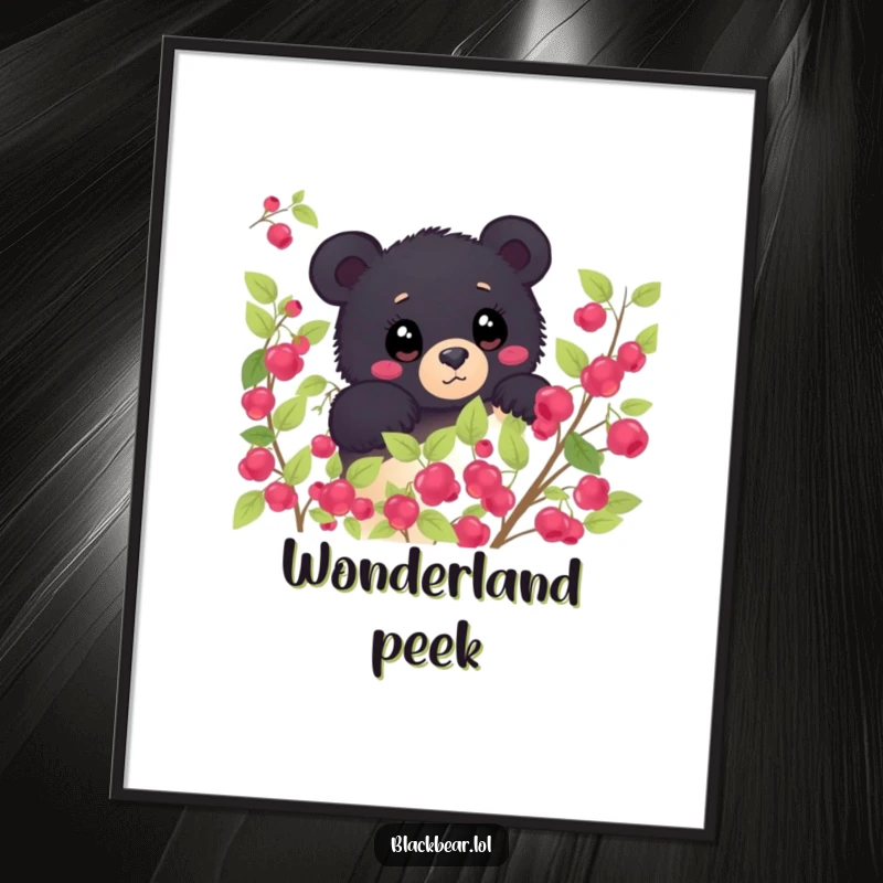 Funny shy black bear peeking from behind a berry bush, eyes wide with wonder, digital art print. Curious forest animal.