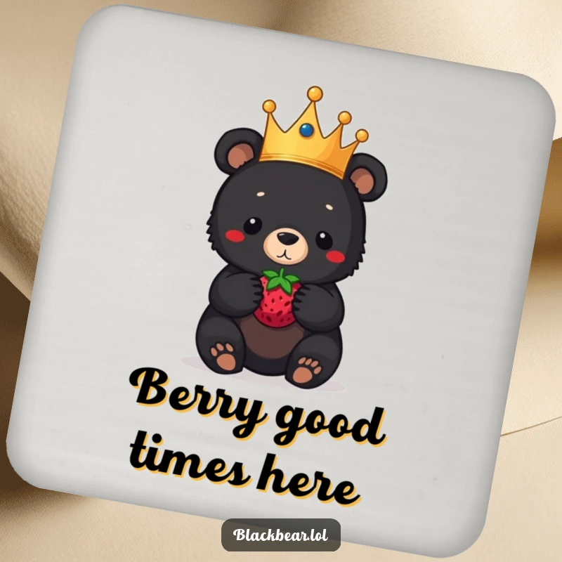 Funny black bear cub coaster, a royal cub in a crown, balancing a berry on its nose, adding regal humor to tabletops.