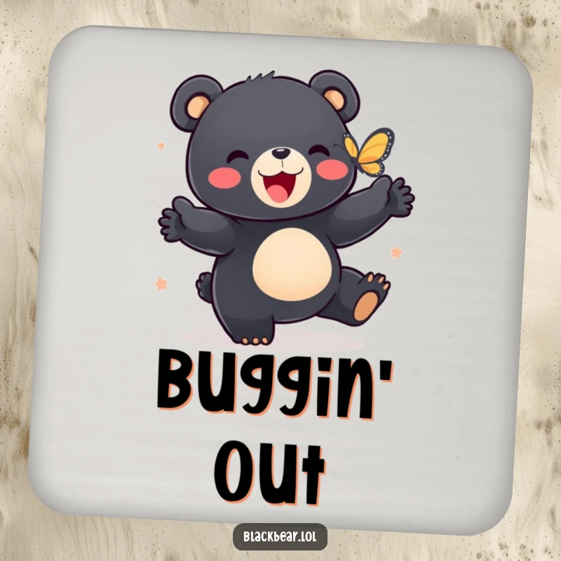 Funny coasters showcasing a black bear cub dancing with a butterfly, adding a touch of joy to drink service.