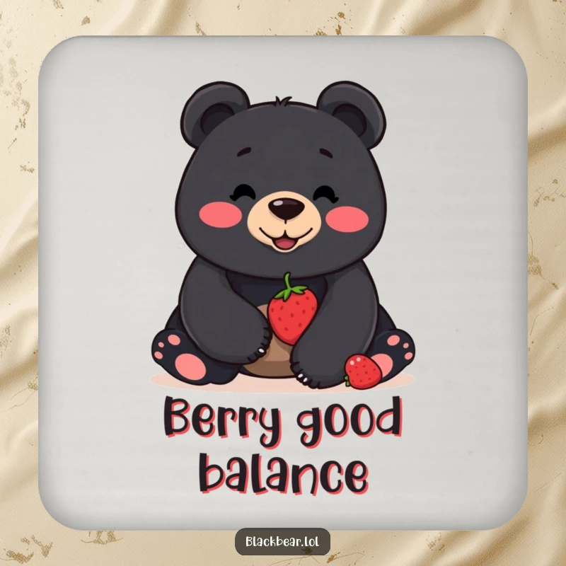 Funny coaster featuring a smiling black bear balancing a single berry on its nose, protecting surfaces with humorous skill.