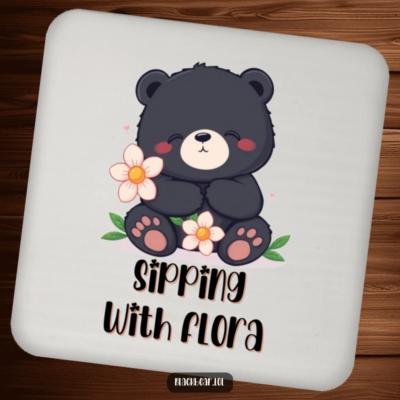 Funny coaster featuring a content black bear holding a large flower, protecting surfaces with peaceful and humorous imagery.
