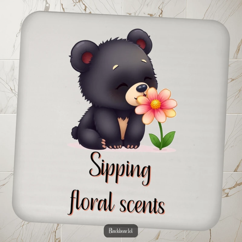 Funny drink coaster featuring a young black bear cub curiously sniffing a colorful flower, adding a touch of playful nature.