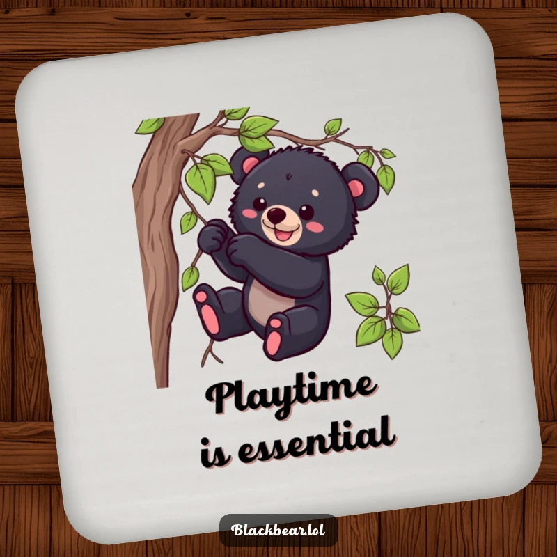 Funny black bear cub coaster depicting a playful cub tugging on a vine, adding cute humor to tabletops.