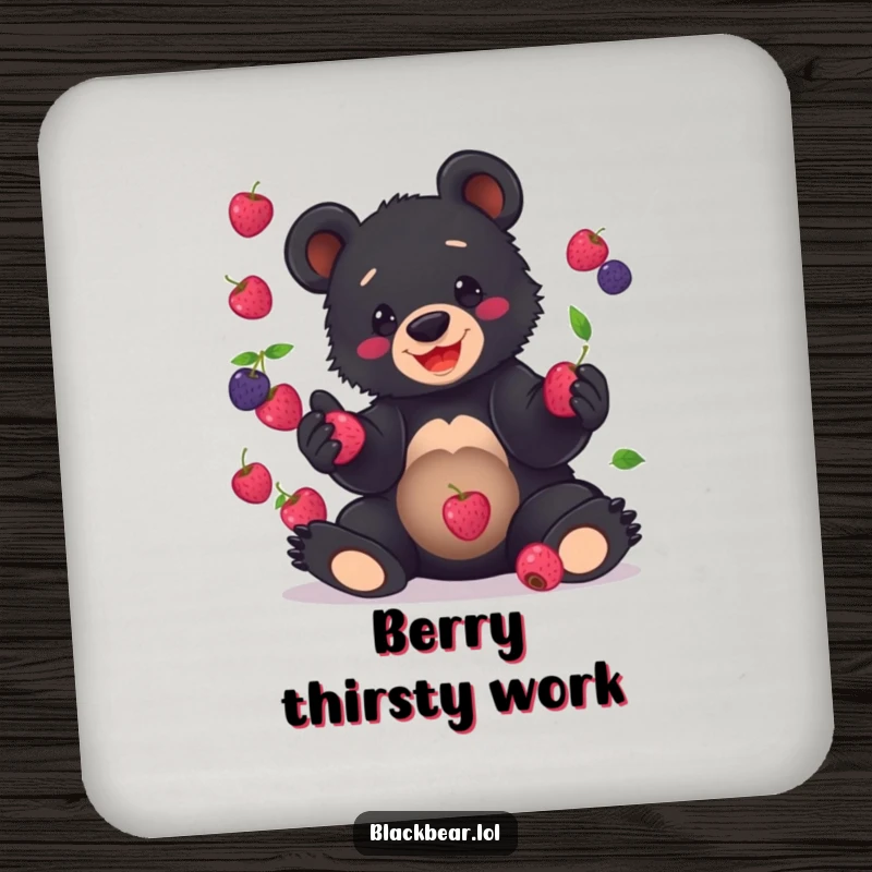 Funny Drink Coaster showing a black bear cub hilariously juggling berries, adding a touch of clumsy fun.
