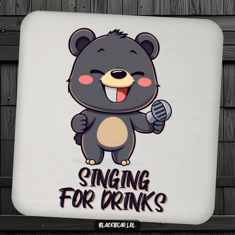 Funny drink coasters featuring a mischievous black bear cub holding a microphone, ideal for protecting tables.