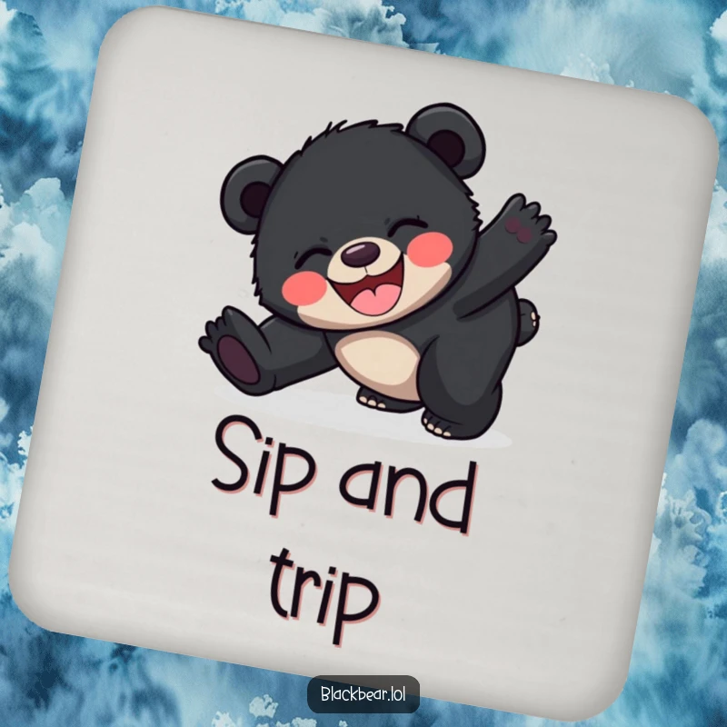 Funny happy black bear cub coaster showing a cub joyfully tripping, offering humorous protection for surfaces.