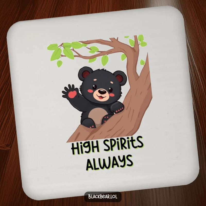 Funny black bear cub waving from a tree branch, printed on a durable coaster, adding a cheerful touch to any table.