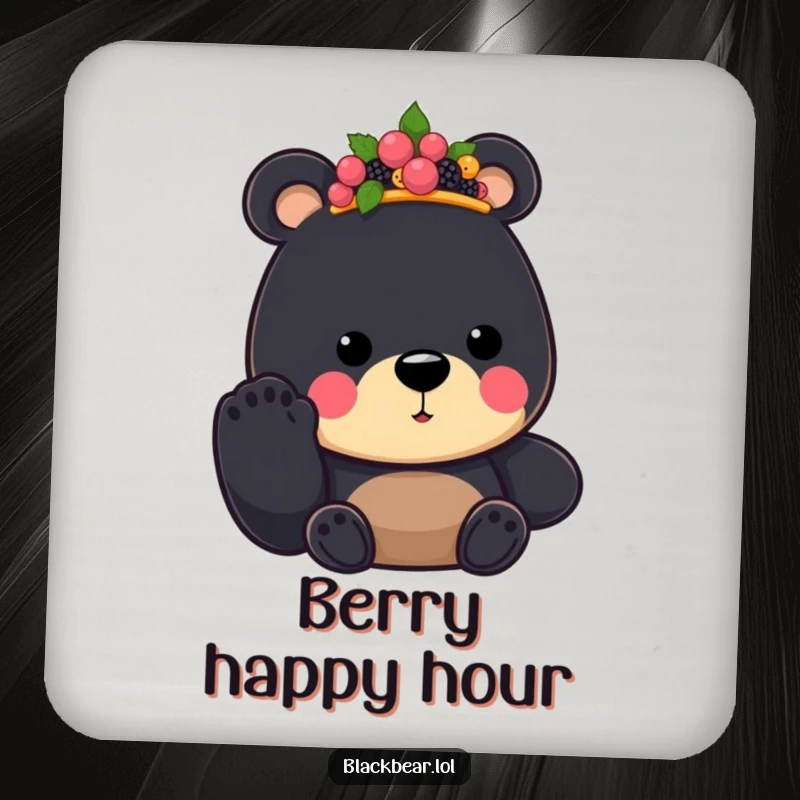 Funny Black Bear King Coaster, showing a regal bear with a berry crown offering a paw, providing humorous surface protection.