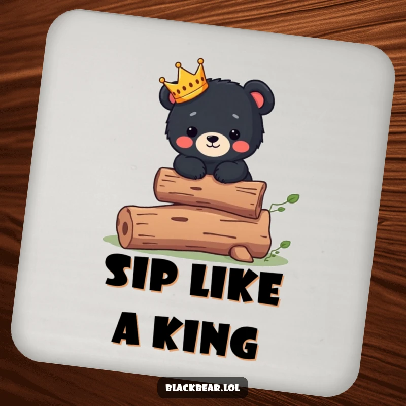 Funny Drink Coaster: Cute black bear cub wearing a tiny crown balances on a log, adding regal charm.