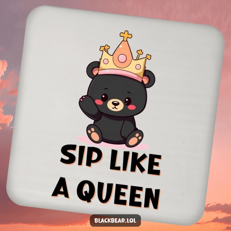 Funny drink coasters with a black bear cub amusingly wearing a giant princess hat, protecting surfaces with humor.