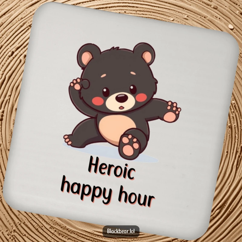 Funny drink coaster featuring a black bear cub attempting a heroic pose but tripping slightly, adding humorous protection to tables.