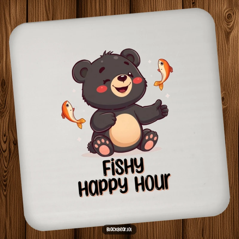 Funny coasters showing a smiling black bear cub juggling fish with a bewildered expression, adding humor and protecting surfaces.