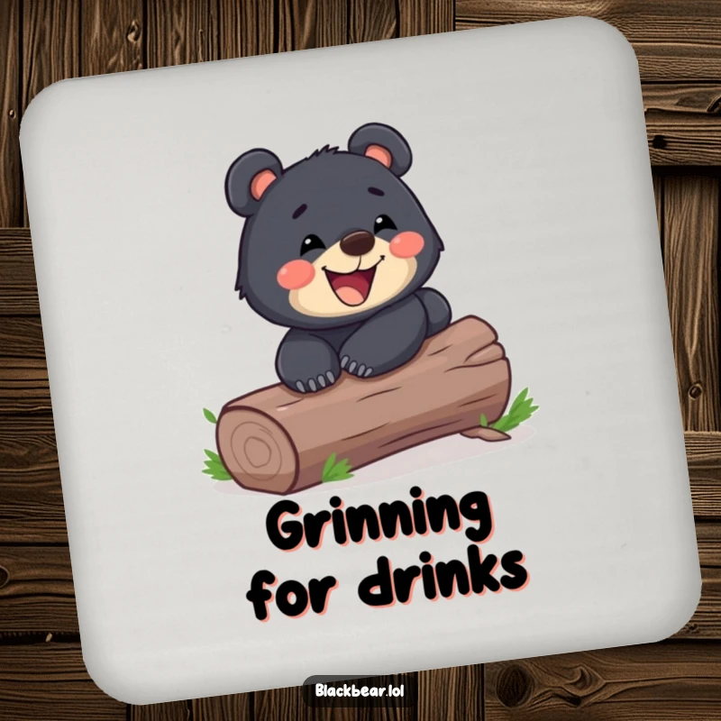 Funny black bear cub sliding down a log with a wide grin on a drink coaster. Playful and humorous forest animal table protection.