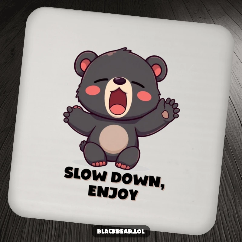 Funny drink coaster featuring a black bear cub yawning widely and stretching a paw, adding a sleepy vibe to your table.