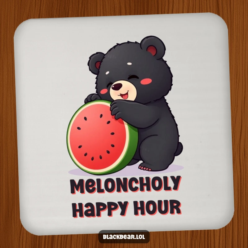 Funny drink coaster featuring a chubby black bear cub hilariously attempting to climb a watermelon, adding cute humor.
