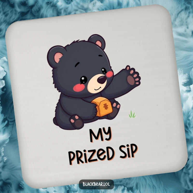 Funny drink coaster featuring a black bear cub masterfully balancing a small treasure on its nose, adding whimsical protection to tables.
