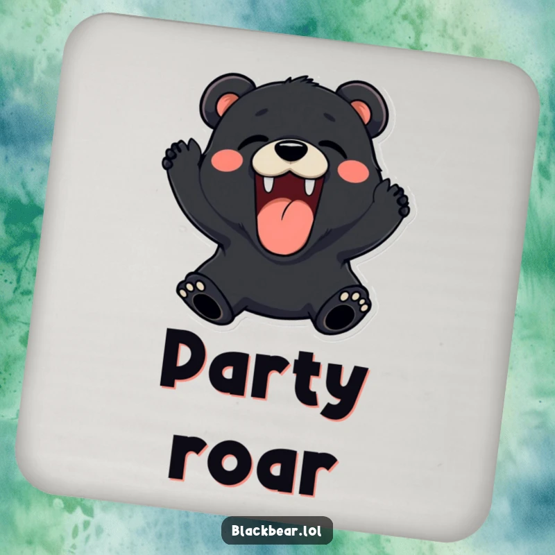 Funny black bear drink coaster roaring playfully with a wide, happy expression, protecting surfaces.