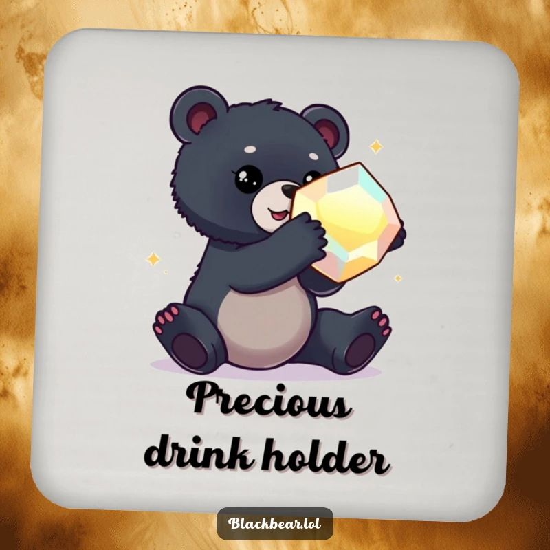 Funny drink coasters with a black bear cub reaching for a large, shimmering gem, protecting surfaces with humor.