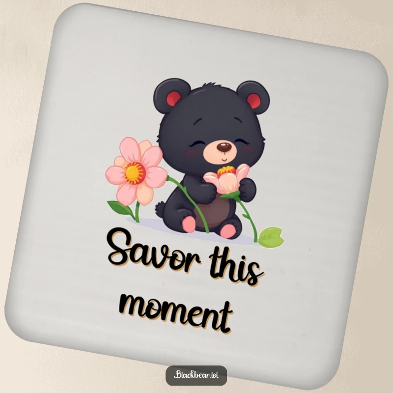 Funny curious black bear cub coaster showing a cub sniffing a flower, offering protection with floral humor.