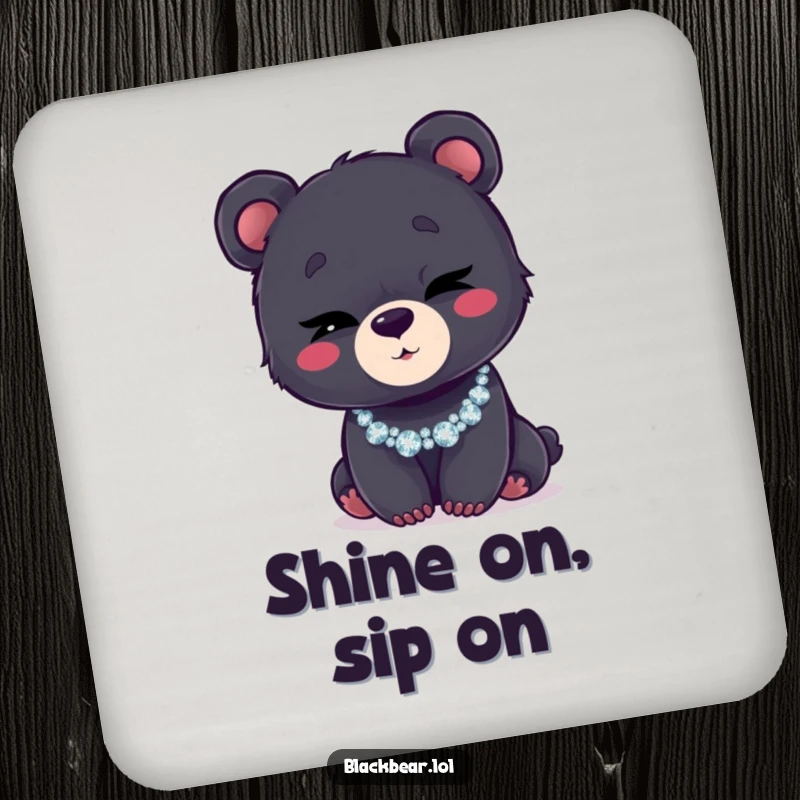 Funny drink coasters featuring a black bear cub winking while adorned with a glittery necklace, adding charm.