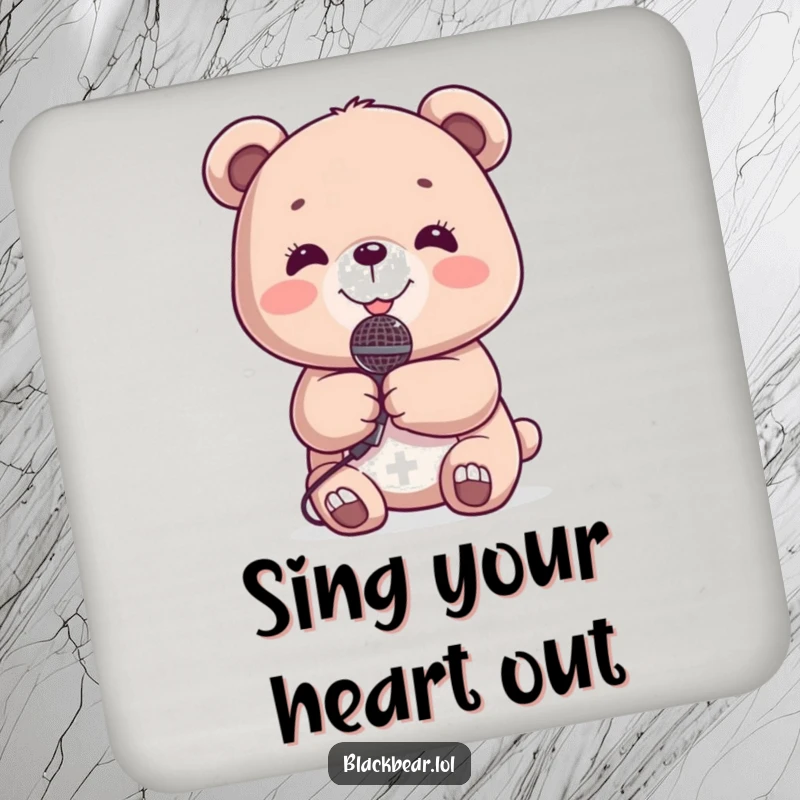 Funny Coaster: Smiling bear cub holding a tiny microphone, protecting surfaces with musical charm.