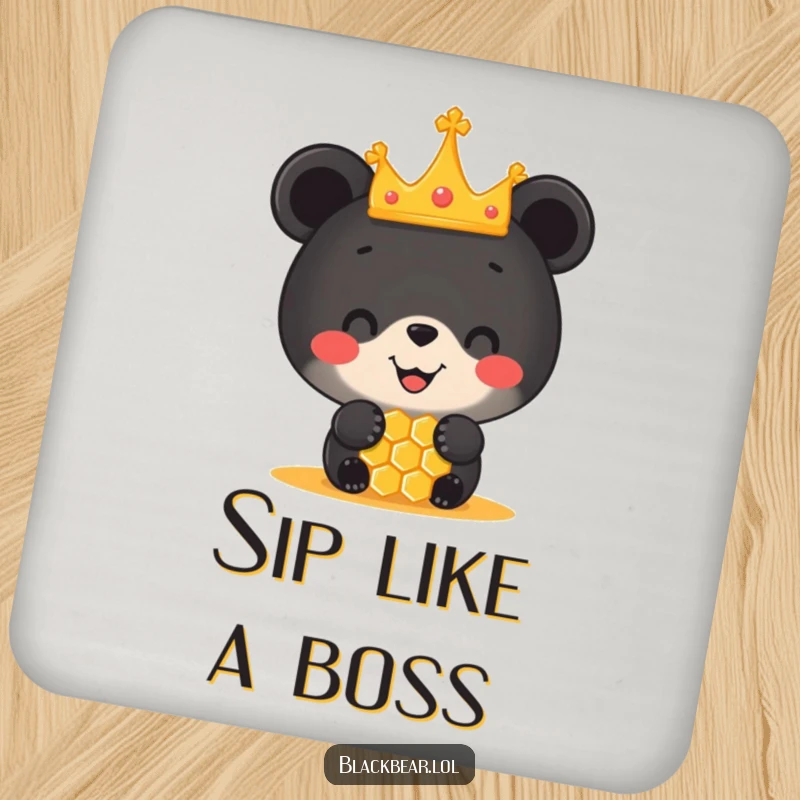 Funny coaster featuring a black bear cub in a tiny crown balancing a honeycomb on its nose, protecting surfaces with charm.