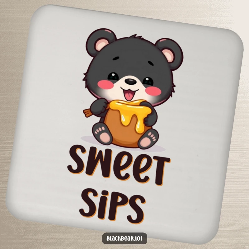 Funny drink coaster featuring a black bear cub humorously stuck in a small honey pot, protecting surfaces with a sweet and comical touch.