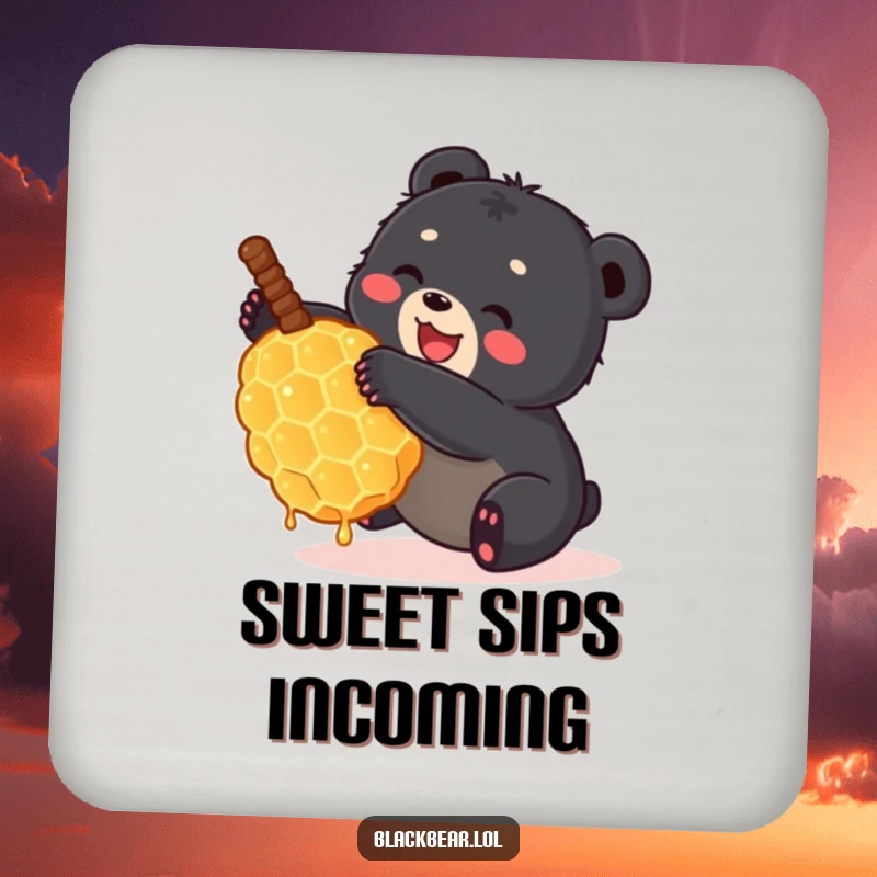 Funny black bear cub tumbling with a large honeycomb on a drink coaster. Adorable and humorous forest animal table protection.