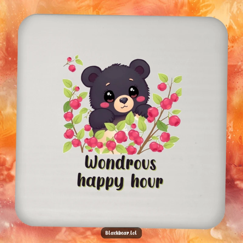 Funny black bear peeking from behind a berry bush, eyes wide with wonder on a drink coaster. Curious and humorous forest animal table protection.