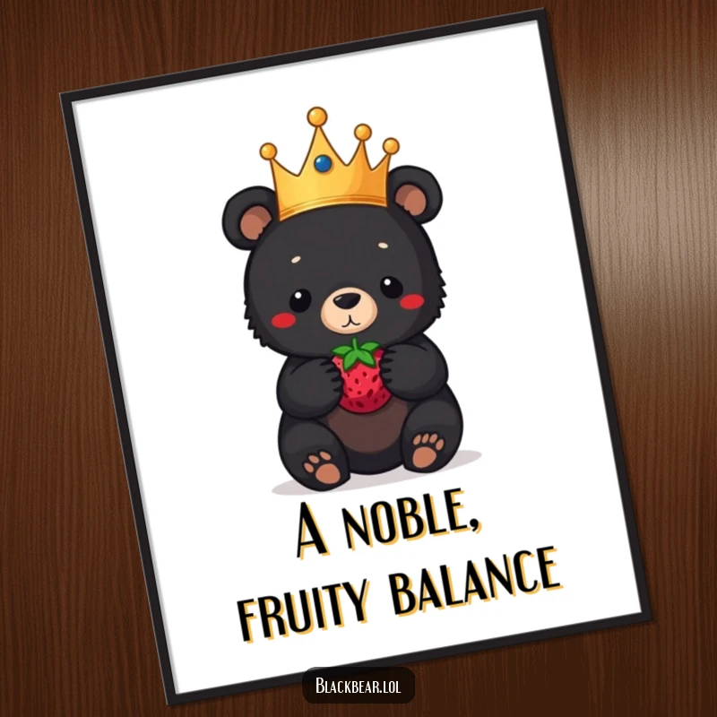 Funny black bear cub poster art, a cub wearing a crown, hilariously balancing a berry on its nose, adding regal humor.