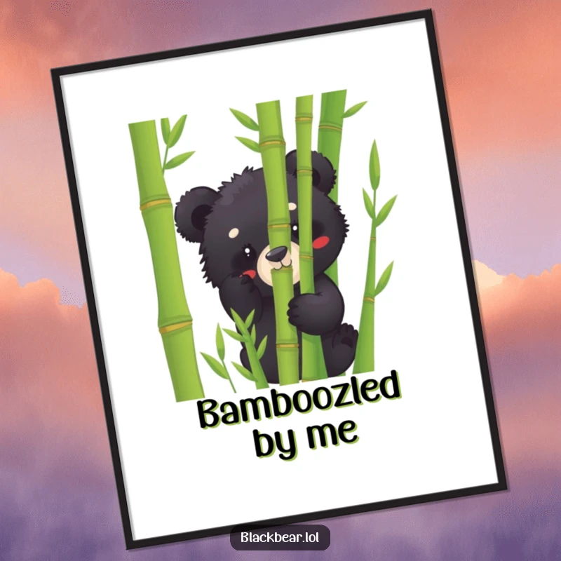 Funny black bear cub poster peeking from behind bamboo stalks, adding a touch of playful curiosity and humor to any wall.