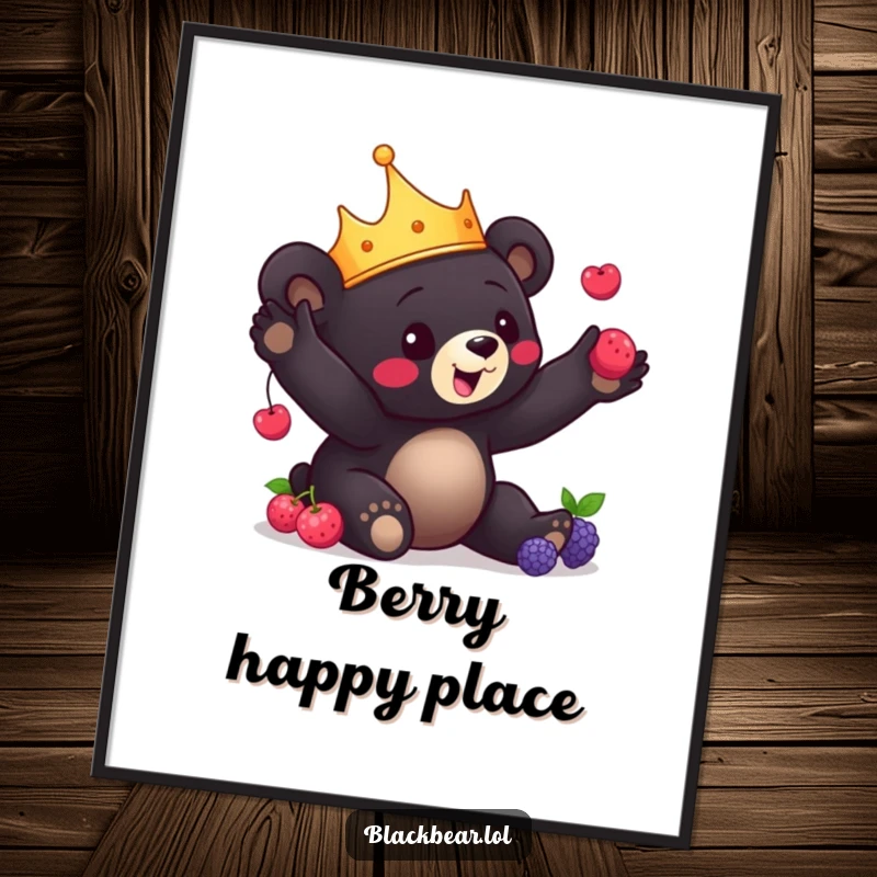 Funny Bear Cub Poster: Charming black bear cub with a crown playfully juggles berries, bringing delightful dexterity and whimsy to wall art.