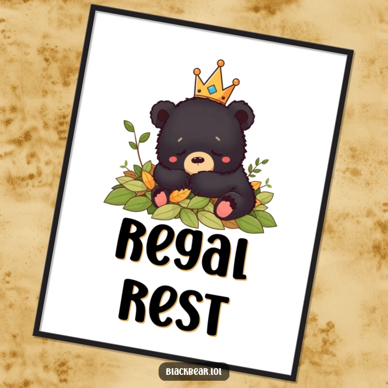 Funny black bear cub wearing a crown naps contentedly in a pile of leaves, creating peaceful and funny wall art.