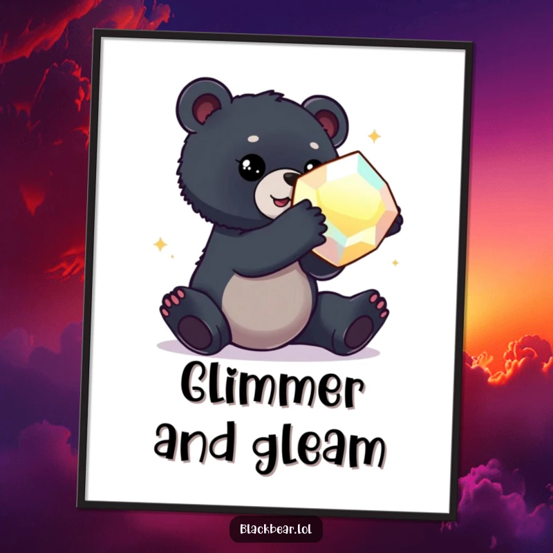Funny poster featuring a black bear cub stretching to reach a large, luminous, shimmering gem, symbolizing desire.