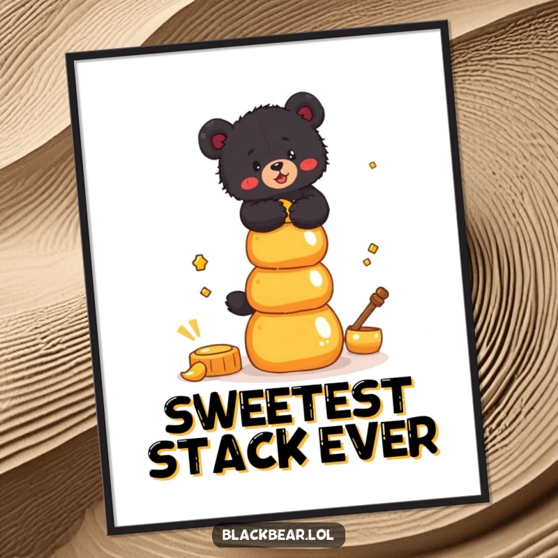 Funny Poster of a black bear cub struggling to balance a stack of golden honey pots, creating a humorous scene.