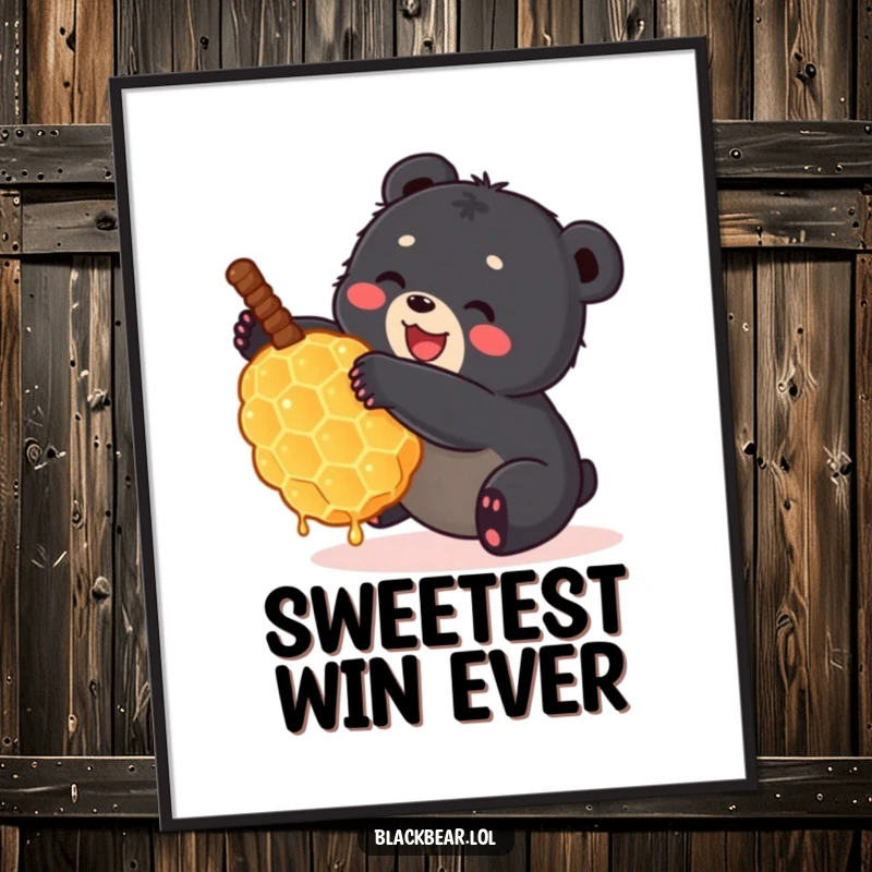 Funny small black bear cub joyfully tumbling with a giant honeycomb on a vibrant poster. Adorable and humorous forest wildlife art.
