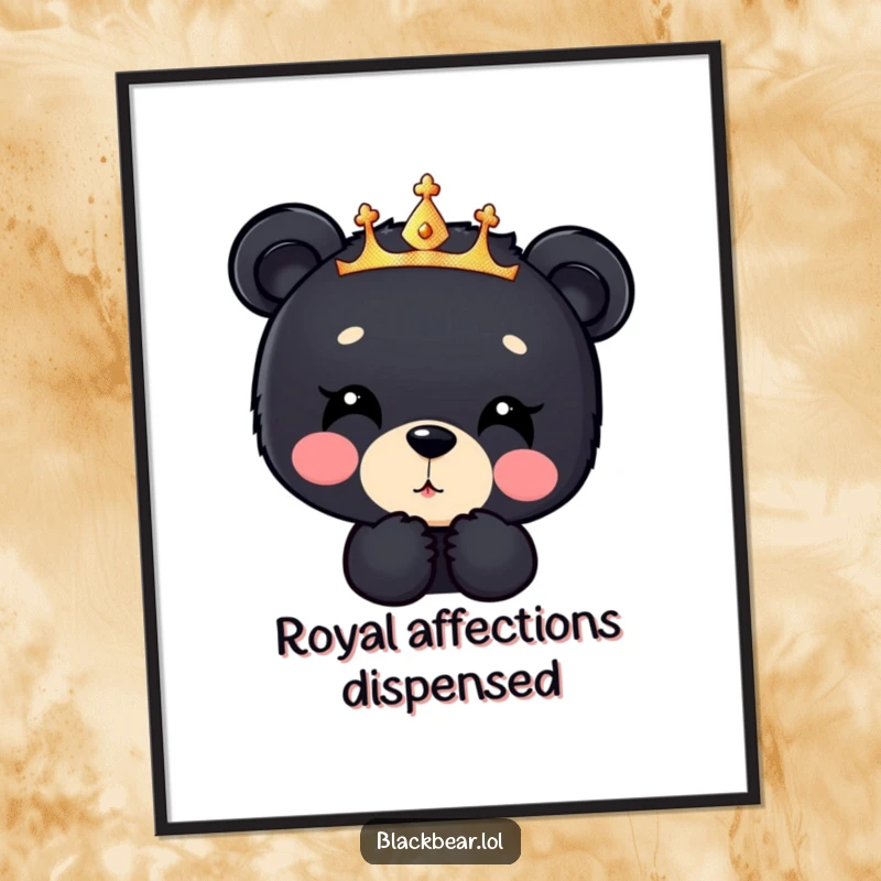 Funny black bear cub poster art, a cub in a sparkly crown blowing a kiss downwards, adding adorable charm and playful humor.