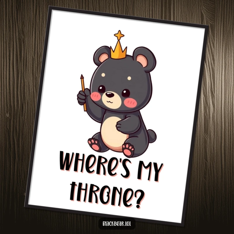 Funny black bear cub with a tiny scepter raised towards the sky, depicted as a charming poster, a great funny gift.