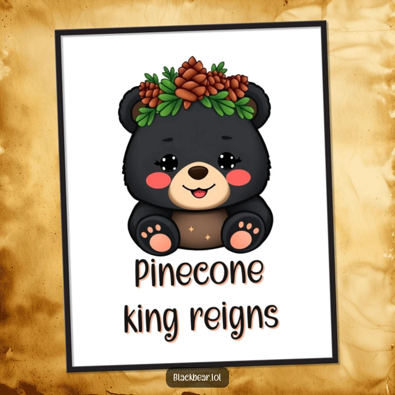 Funny Poster: A cheerful black bear cub wearing a pinecone crown waves hello, creating charming and humorous wall decor.