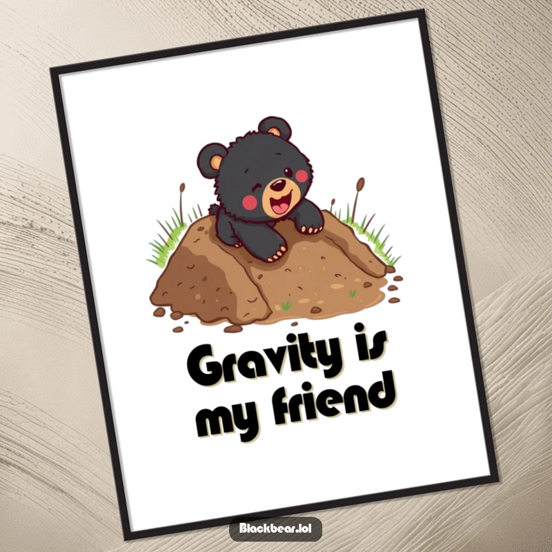 Funny black bear cub in a dynamic pose, sliding headfirst down a muddy hill with a look of pure exhilaration and fun.