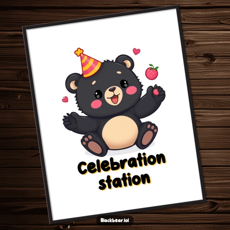Funny Poster: A playful black bear cub wearing a party hat, energetically juggling colorful berries, creating a lively and humorous wall display.