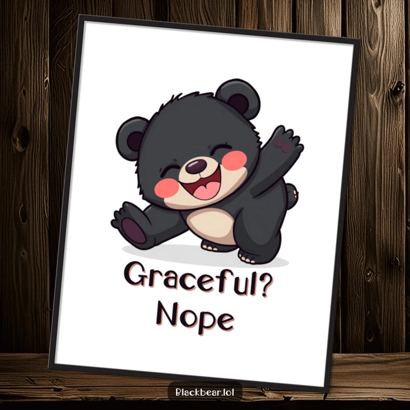 Funny happy black bear cub poster of a cub joyfully tripping over its feet, celebrating exuberant and clumsy happiness.
