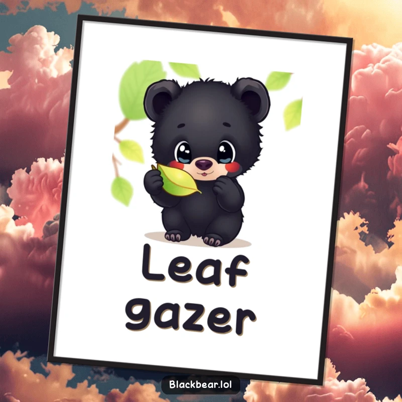 Funny poster showcasing a black bear cub with incredibly wide, curious eyes, captivated by the subtle shimmer of a single, delicate leaf.