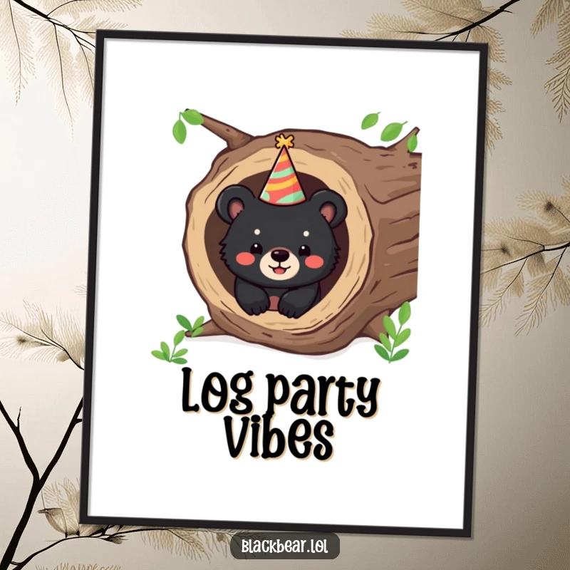 Funny poster art of a happy black bear cub peeking from a hollow log, wearing a festive party hat.