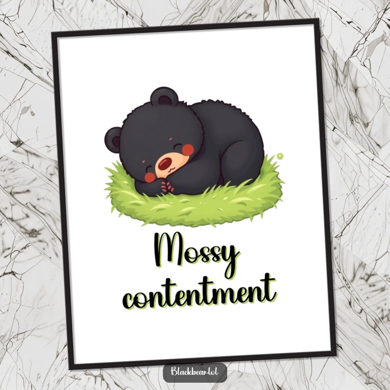 Funny poster showcasing a black bear cub rolling with pure happiness in a soft, green mossy bed, evoking peace and contentment.