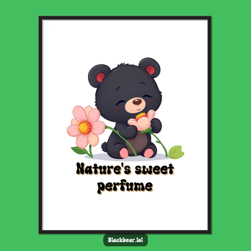 Funny Curious Bear Cub Flower Poster: Nature's Delight on Your Wall